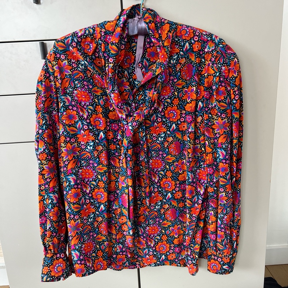 Saint Laurent Vintage 80’s Multicolor Floral Print Silk Lavalliere Shirt 38